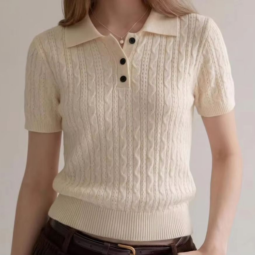 Women Fashion Style - Polo en maille torsadée style décontracté