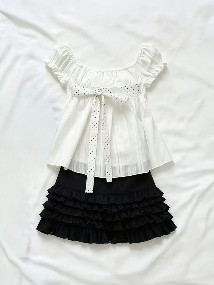 Puff Sleeve Blouse - Ensemble 2 pièces coréen mignon à
