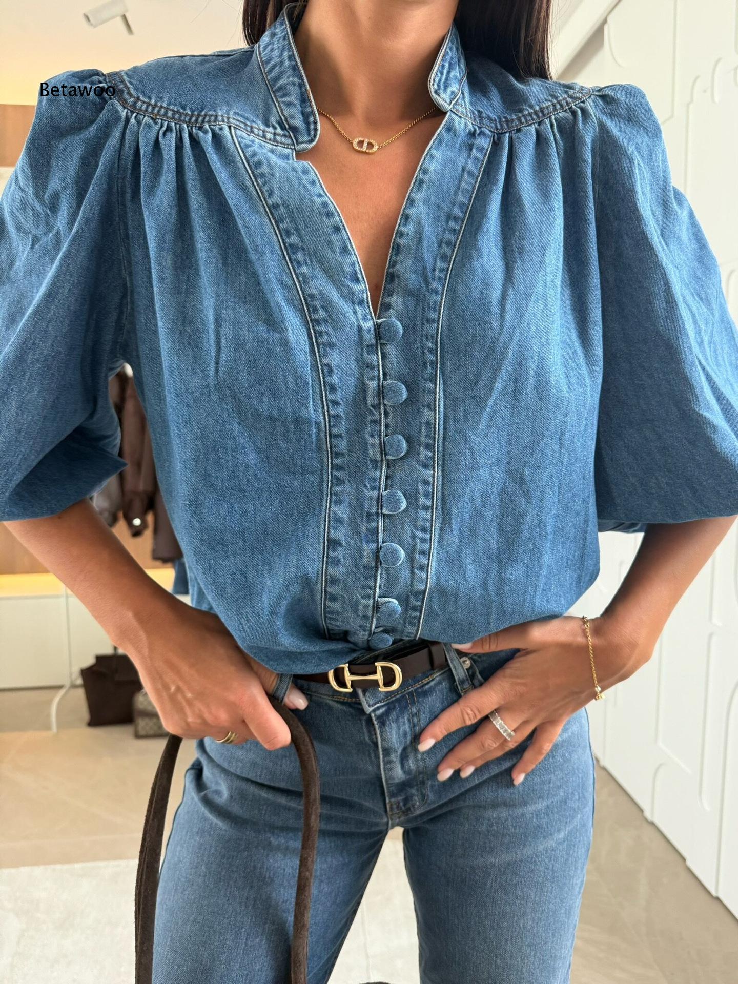 Puff Sleeve Blouse - Chemisier en jean pour femme à