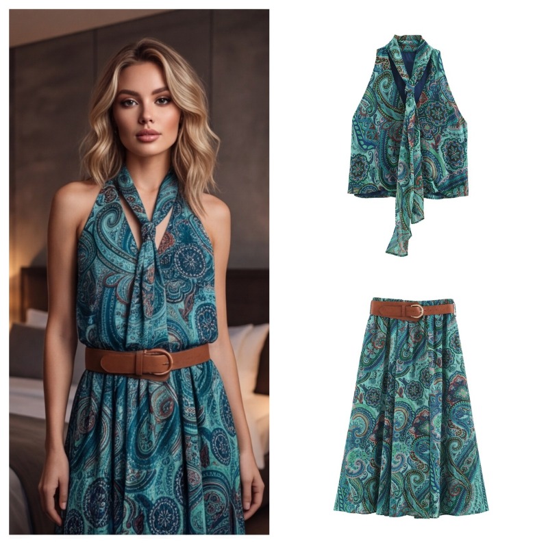 Belted Shirt Dress - Ensemble deux pièces vintage à imprimé