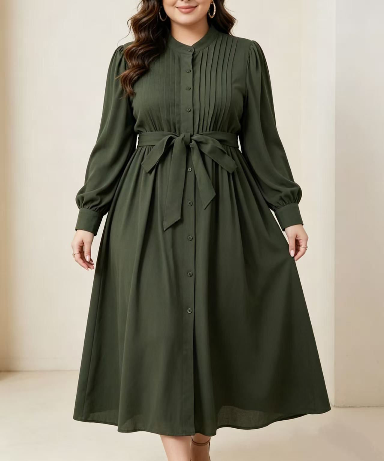Robe longue plissée vert armée - Belted Shirt Dress avis et prix