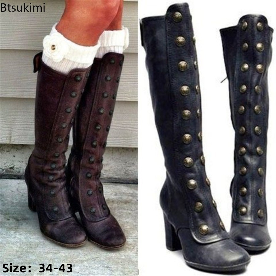 Bottes rétro noires à rivets,  - Women'S Fashion Knee High Boots avis et prix